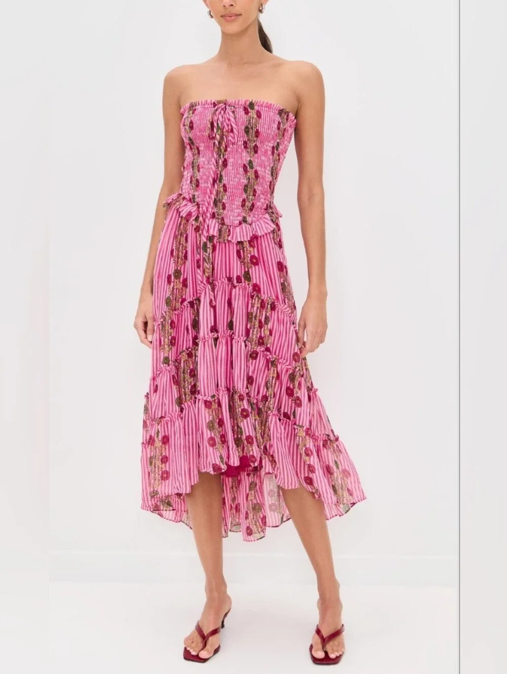 Free People Alejandra Hot Pink Combo Striped Floral High-Low Midi Dress - Picture 3 of 16
